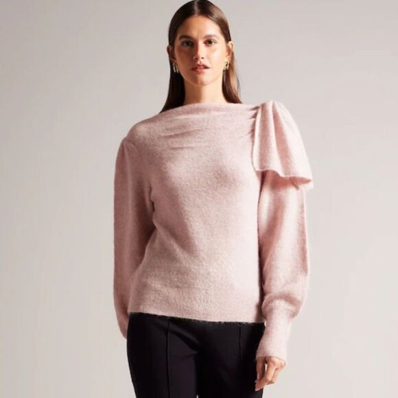 NWOT New TED BAKER Larbow Bow Sweater Pink Wool Knit Pullover US 10/L(TB 4) - Picture 1 of 16